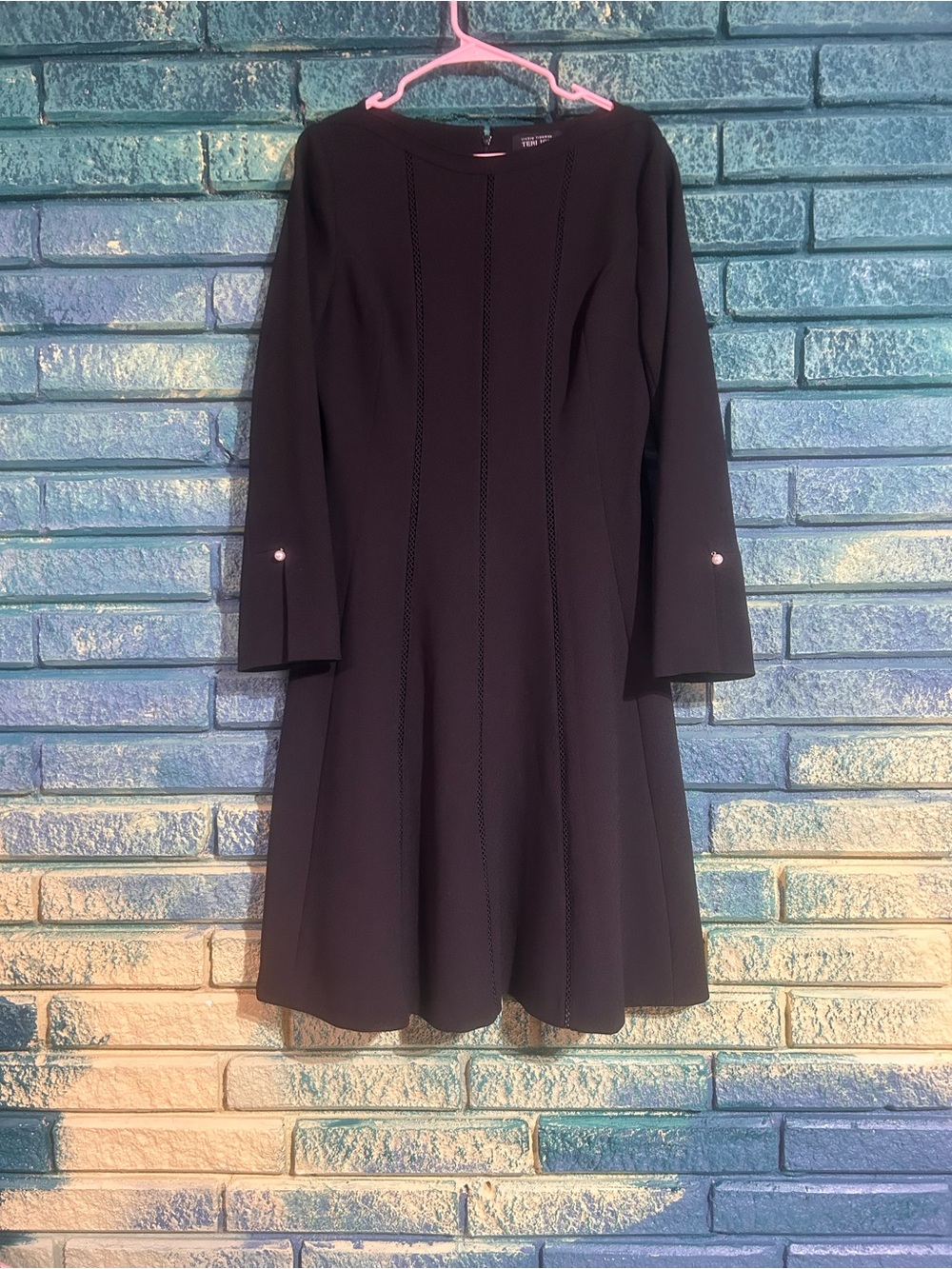 Teri Jon bateau neck crepe A Line Knee Length Dress Eyelet Long Sleeve Black 14